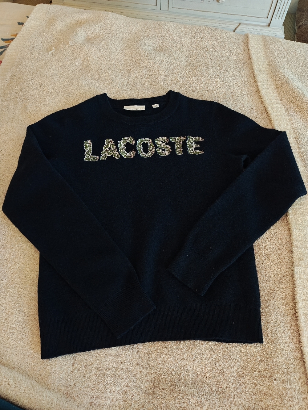 Women's Crocomagic Lacoste Dark Navy Crewneck Wool Sweater Sz 38, Slim Small, 4